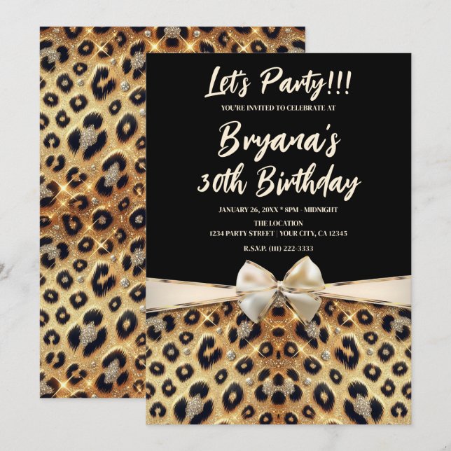 Invitation Paillettes Glamour Or Imprimé Léopard Noir Anniver (Devant / Derrière)