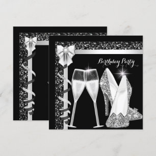 Invitation Paillettes Glamour Talons Hauts Argent Noir Champa