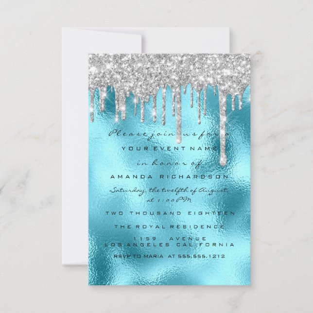 Invitation Paillettes Gouttes Argent Bleu Mariage Douce 16e O (Devant)