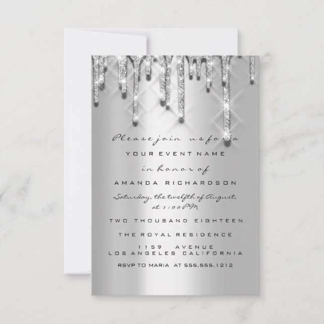 Invitation Paillettes Gouttes Argent Gris  Mariage Douce 16e  (Devant)
