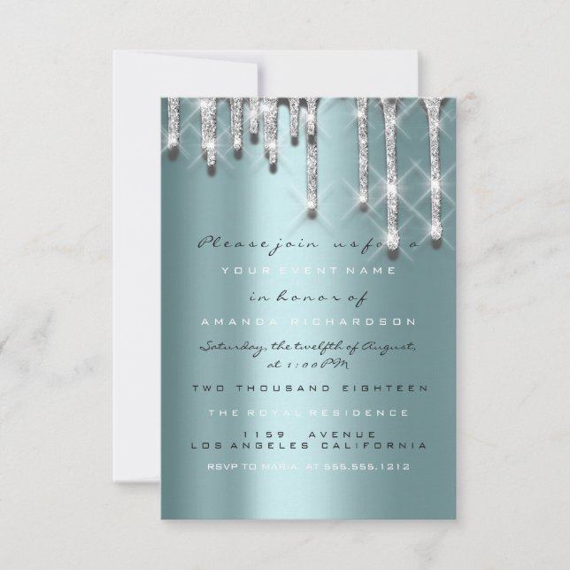 Invitation Paillettes Gouttes Argent Mariage Teal Sweet 16 3d (Devant)