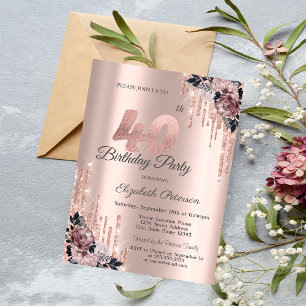 Invitation Paillettes Gouttes Rose Gold Fleurs 40e Anniversa