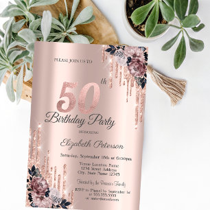 Invitation Paillettes Gouttes Rose Gold Fleurs 50e Anniversa