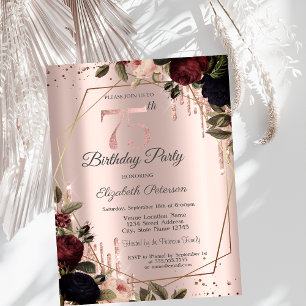Invitation Paillettes Gouttes Rose Gold Fleurs Sombres 75ème