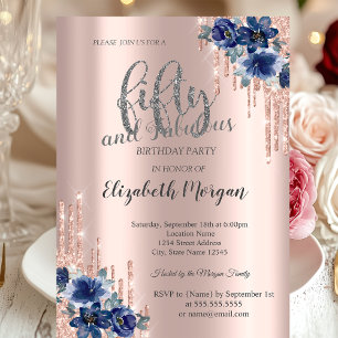 Invitation Paillettes gouttes rose or bleu Fleur 50e Annivers