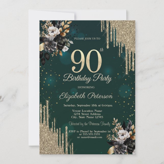 Invitation Paillettes Gouttes Roses Noires Vertes 90e Anniver (Devant)