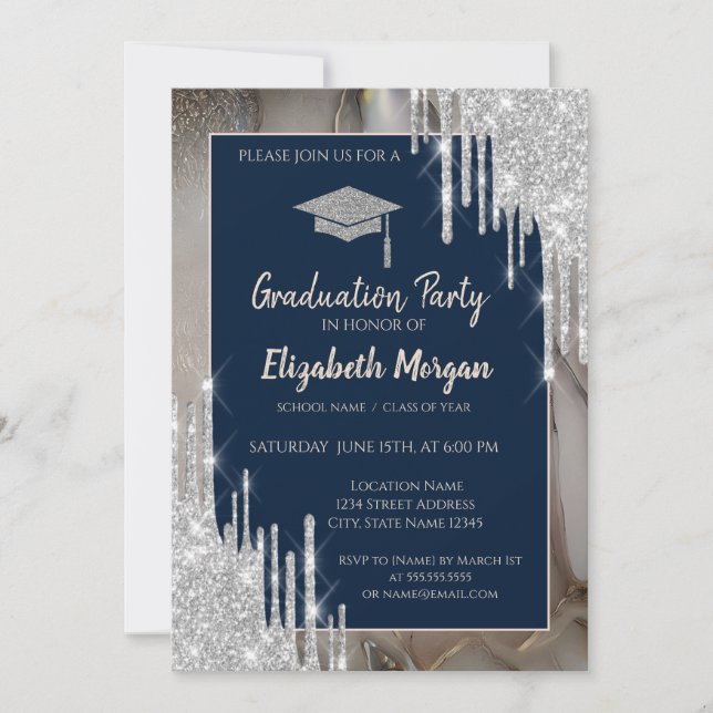 Invitation Paillettes GradCap,Gouttes d'argent,Marbre Bleu Nu (Devant)