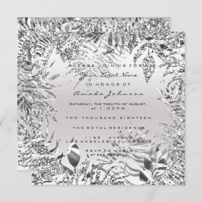 Invitation Paillettes Gris Argenté Métal Tropical Feuille Cad (Devant / Derrière)