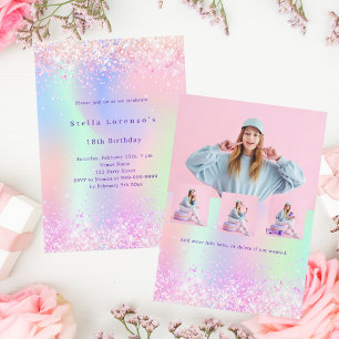 Invitation Paillettes holographiques roses luxe photo anniver