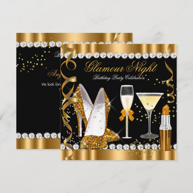 Invitation Paillettes Luxe Nuit Or Noir Argent Soirée (Devant / Derrière)