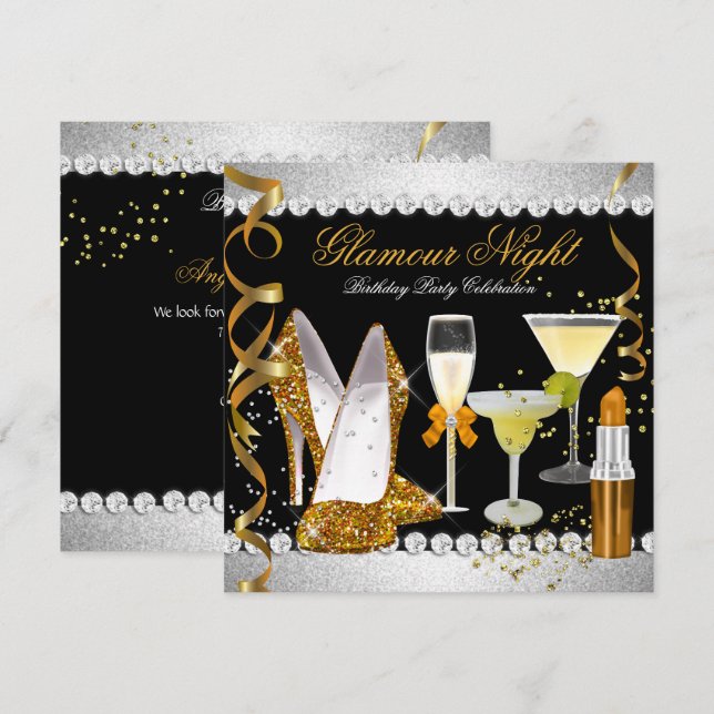 Invitation Paillettes Luxe Nuit Or Noir Argent Soirée (Devant / Derrière)