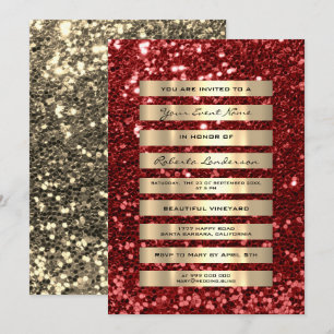 Invitation Paillettes Luxe Rayures Or Champagne Rouge Rubin
