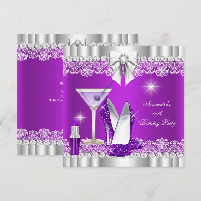 Invitation Paillettes Luxe Rouge à Lèvres Violet Talons Hauts (Devant / Derrière)