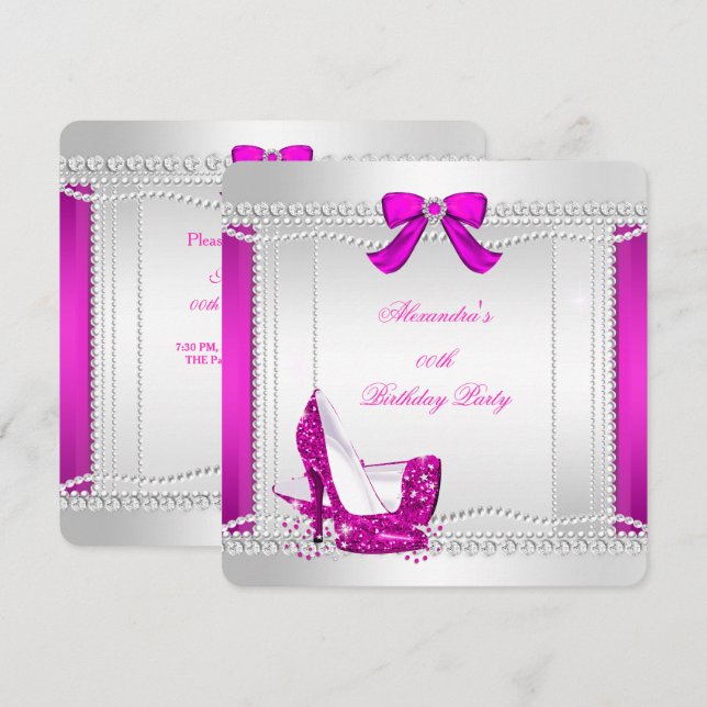 Invitation Paillettes Luxe Talons Hauts Rose Chaud Perles Soi (Devant / Derrière)