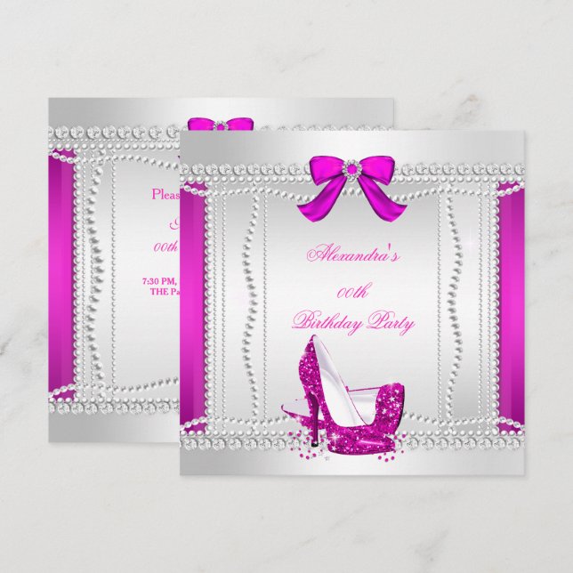Invitation Paillettes Luxe Talons Hauts Rose Chaud Perles Soi (Devant / Derrière)
