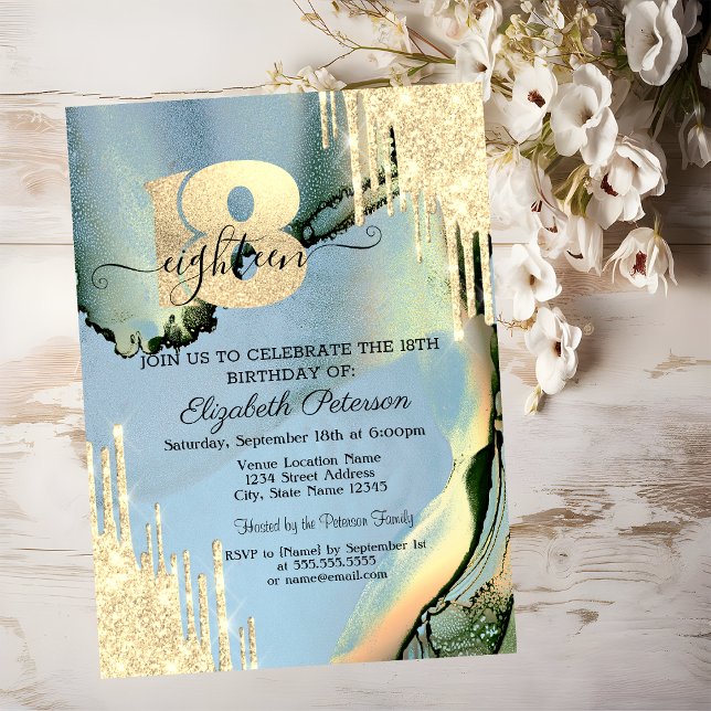 Invitation Paillettes modernes gouttes Encre alcool 18e anniv (Créateur téléchargé)