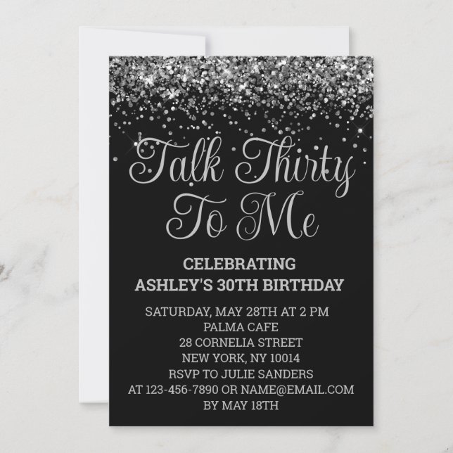 Invitation Paillettes Noir et Argent 30e Anniversaire Talk Th (Devant)