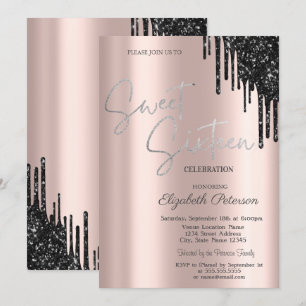 Invitation Paillettes noires chic en gouttes, Rose Gold Sweet