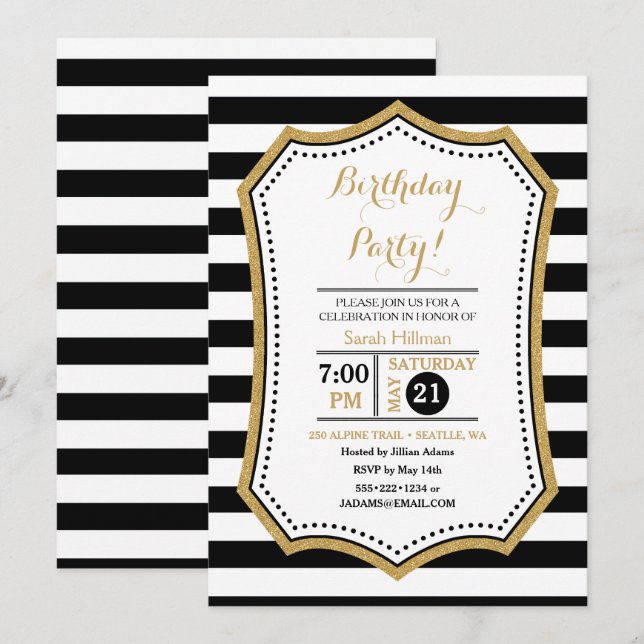 Invitation Paillettes noires et blanches modernes or (Devant / Derrière)