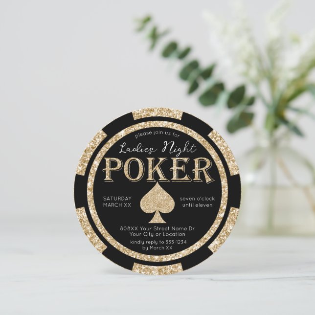 Invitation Paillettes noires et dorées Jetons de poker pour s (Debout devant)