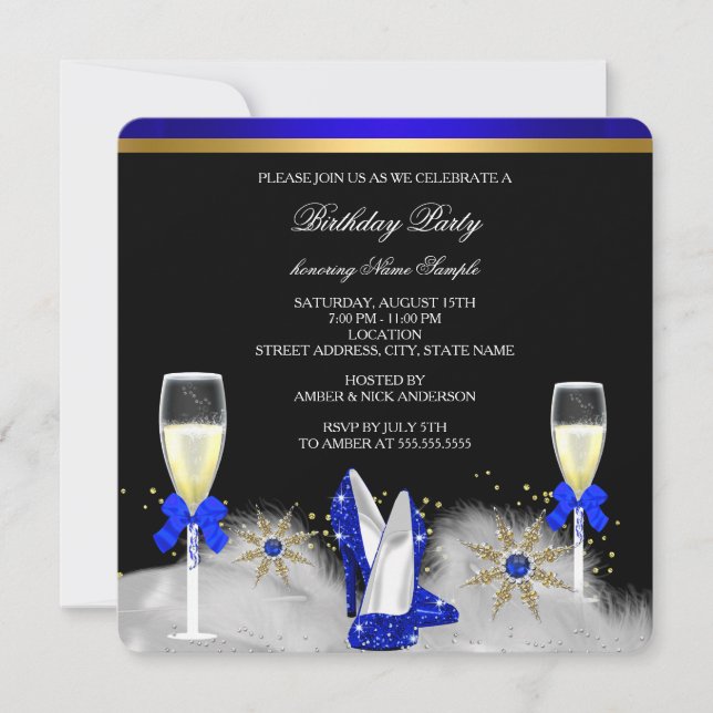 Invitation Paillettes Or Talons Royal Bleu Noir Champagne (Devant)
