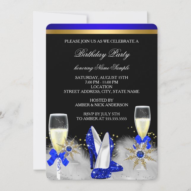 Invitation Paillettes Or Talons Royal Bleu Noir Champagne (Devant)