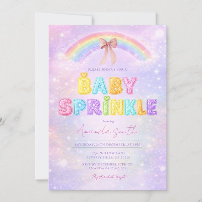 Invitation Paillettes pastel arc-en-ciel bébé sprinkle  (Devant)