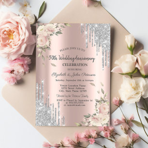 Invitation Paillettes qui coulent, Roses, Noces d'anniversair