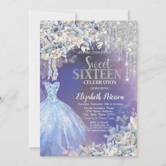 Invitation Paillettes qui dégoulinent, Fleurs de robe bleue V (Devant)
