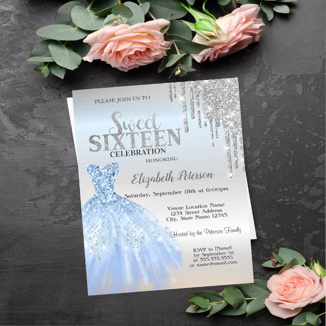 Invitation Paillettes qui dégoulinent, Robe bleue, Argent, Do (Créateur téléchargé)
