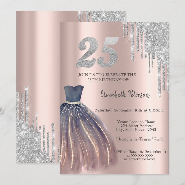 Invitation Paillettes qui dégoulinent, Robe Chic 25e Annivers (Devant / Derrière)