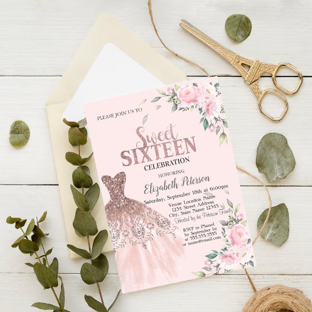 Invitation Paillettes qui dégoulinent, Robe, Fleurs Rose Douc (Créateur téléchargé)
