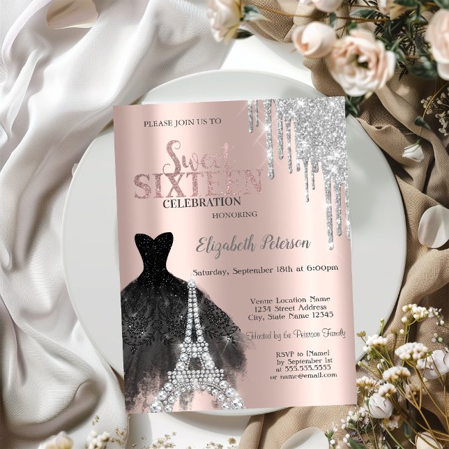 Invitation  Paillettes qui dégoulinent, Robe, Tour Eiffel Swe (Créateur téléchargé)