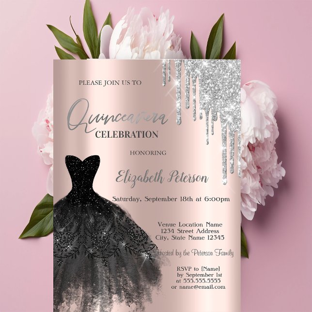 Invitation  Paillettes qui dégoulinent,Rose en robe noire Or  (Créateur téléchargé)