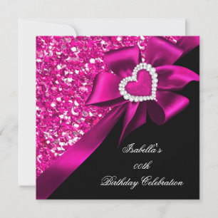 Invitation Paillettes Rose Chaud Nœud en Forme de Cœur Fête d
