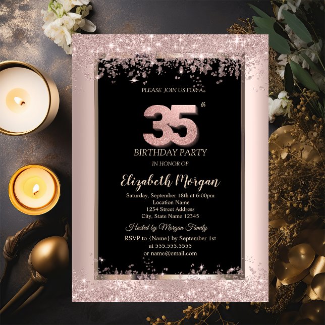 Invitation Paillettes Rose Doré Élégant 35e Anniversaire (Créateur téléchargé)