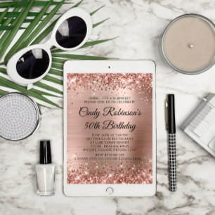 Invitation Paillettes Rose Gold Feuille Surprise 50e Annivers