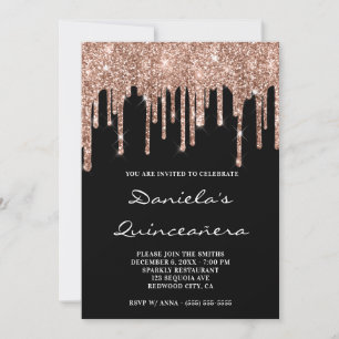 Invitation Paillettes Rose Gold Glitter Gouttes Noire Quincea