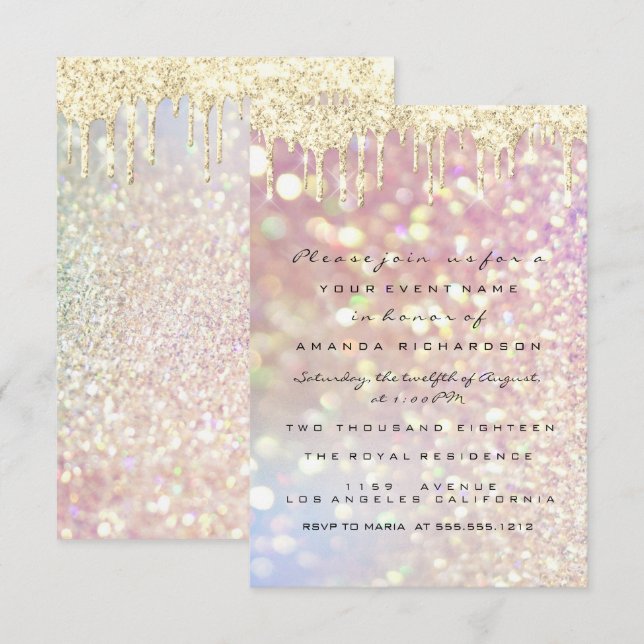 Invitation Paillettes Rose Gold Mariage Douce 16e Luxe (Devant / Derrière)