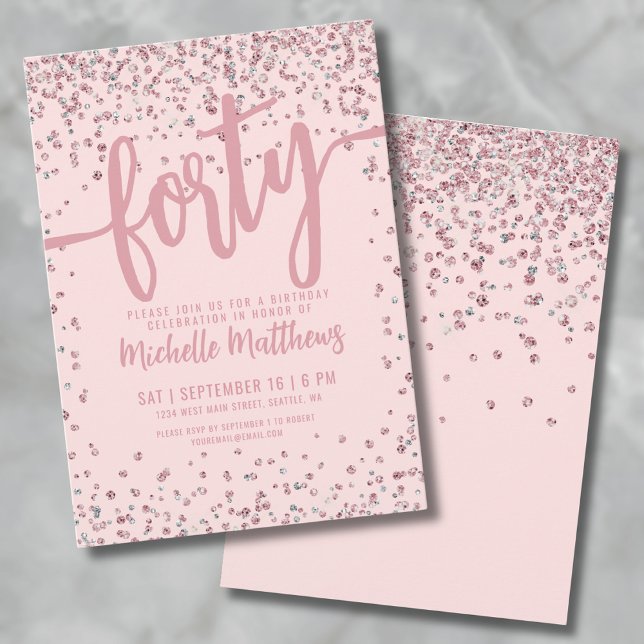 Invitation Paillettes Rose Gold pour 40e Anniversaire (Rose Gold Glitter 40th Birthday Invitation)
