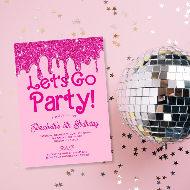 Invitation Paillettes Rose Tendance Anniversaire Fête C'est P (Trendy Pink Glitter Let's Go Party Birthday Invitation)