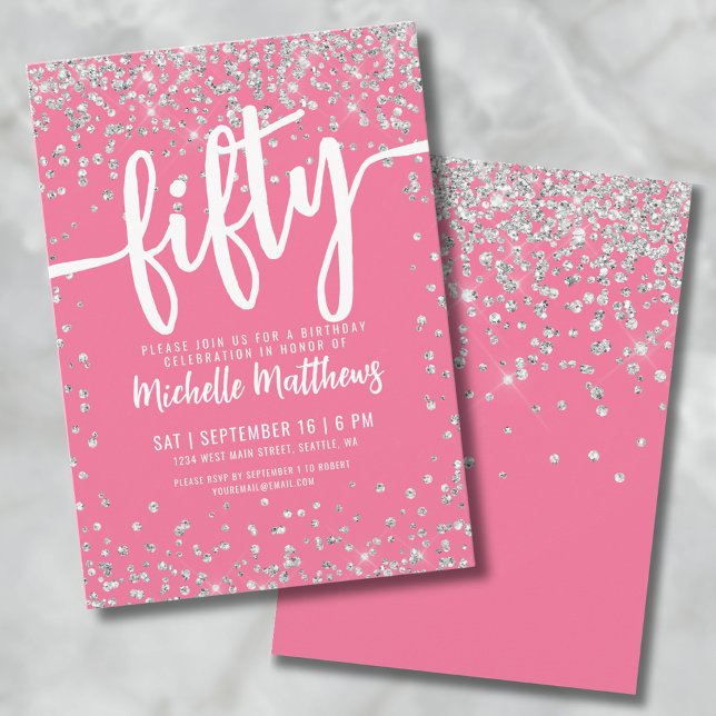 Invitation Paillettes Roses 50e Anniversaire (Pink Glitter 50th Birthday Invitation)