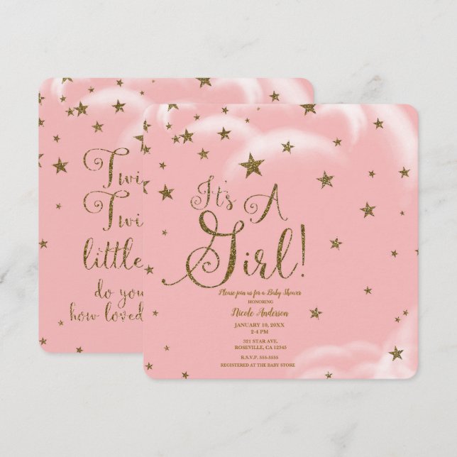 Invitation Paillettes roses et or Étoiles C'est une fille Bab (Devant / Derrière)