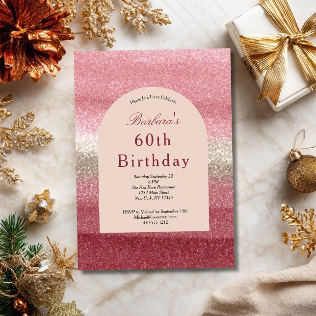 Invitation Paillettes roses glamour scintillant 60e anniversa (Shades of Pink Glitter 60th ( or any year ) birthday invitation. Printed or Digital Download)