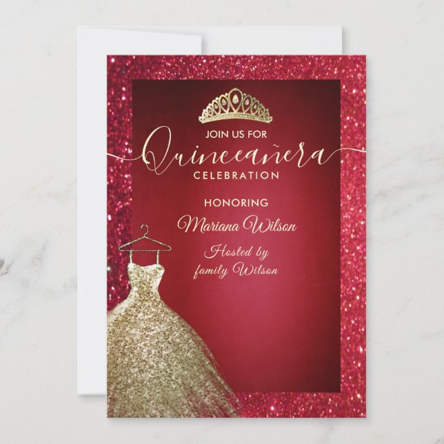 Invitation Paillettes rouge adorable or robe tiara Quinceañer (Devant)