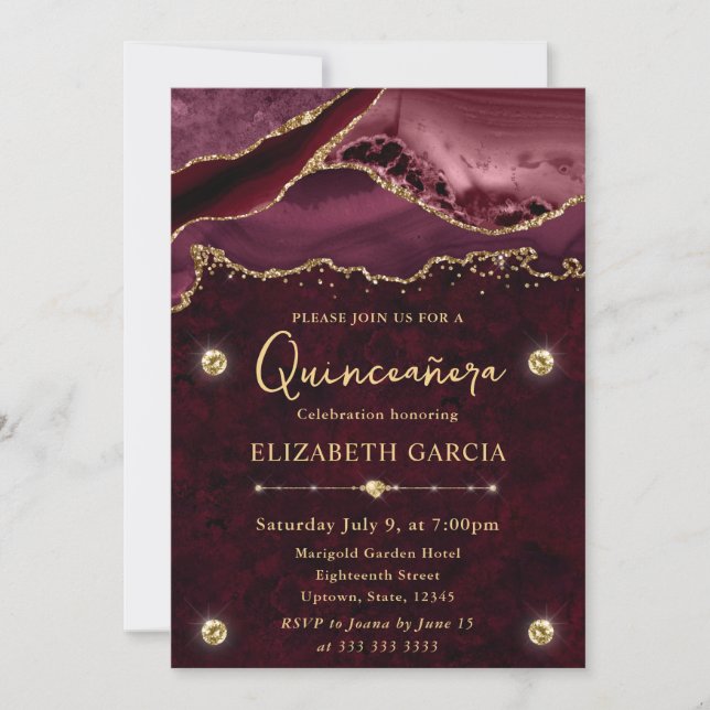 Invitation Paillettes Rouge et Or Agate Quinceanera (Devant)