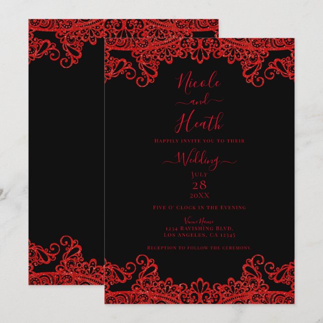 Invitation Paillettes Rouge Étincelant Dentelle Mariage Éléga (Devant / Derrière)