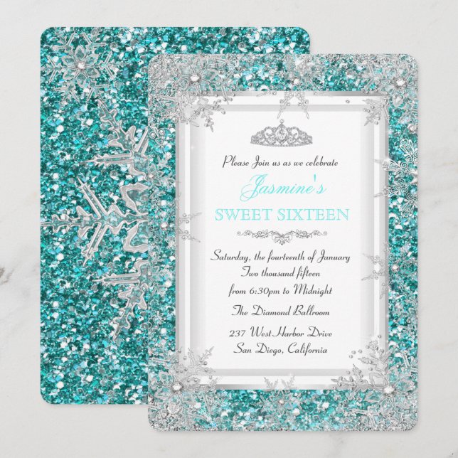 Invitation Paillettes Sarcelle Argent Noël Merveilleux Douze  (Devant / Derrière)