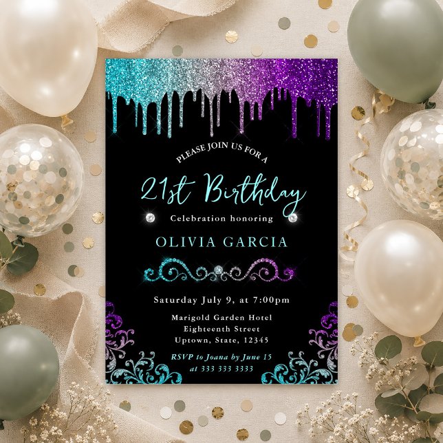 Invitation Paillettes sarcelle argenté et violet 21e annivers (Créateur téléchargé)