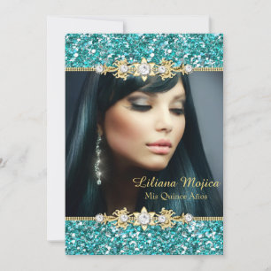 Invitation Paillettes sarcelle et or et noeud de bijoux Quinc